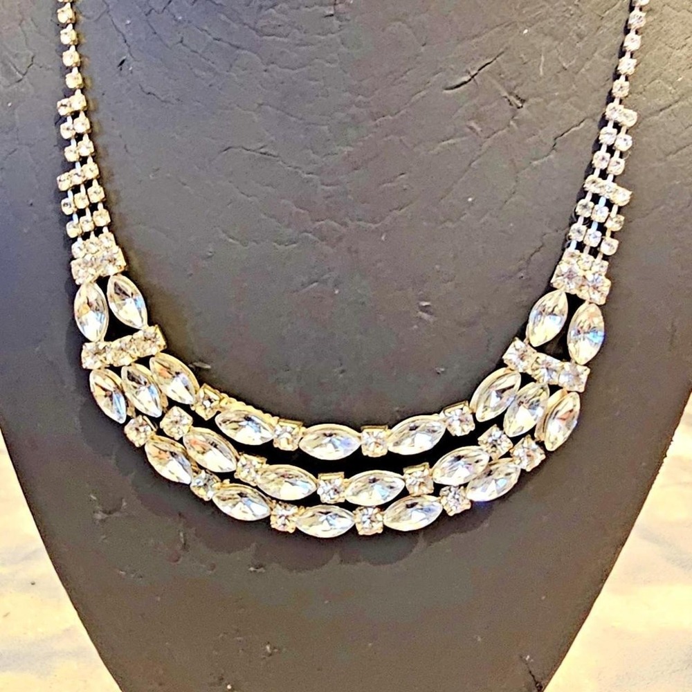 Silver Tone Triple Strand Clear Marquise Rhinestone Bib Statement Necklace